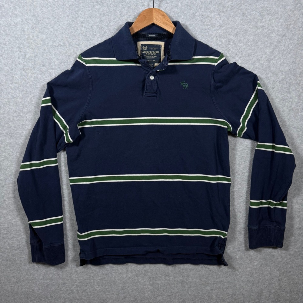 Abercrombie & Fitch Mens Large Muscle Fit Rugby Shirt Navy Green Striped Y2k